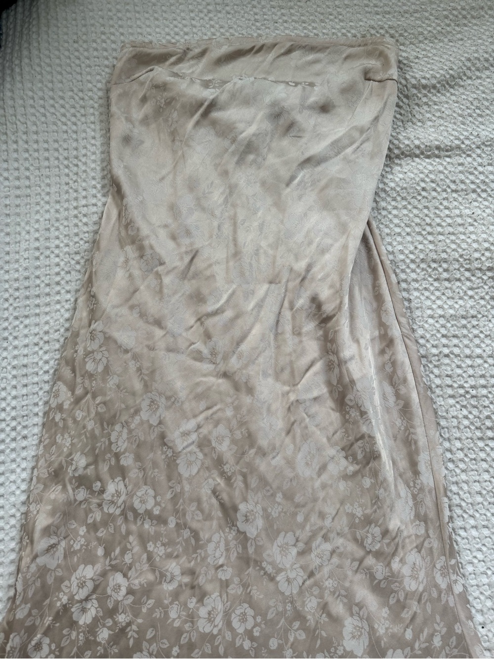 Strapless Floral Satin Dress in Light Beige